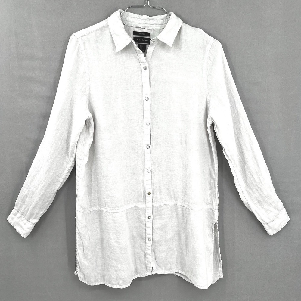 Tahari Women's Tunic Button‎ Up Shirt Roll Tab Sleeve 100% Linen Size L
